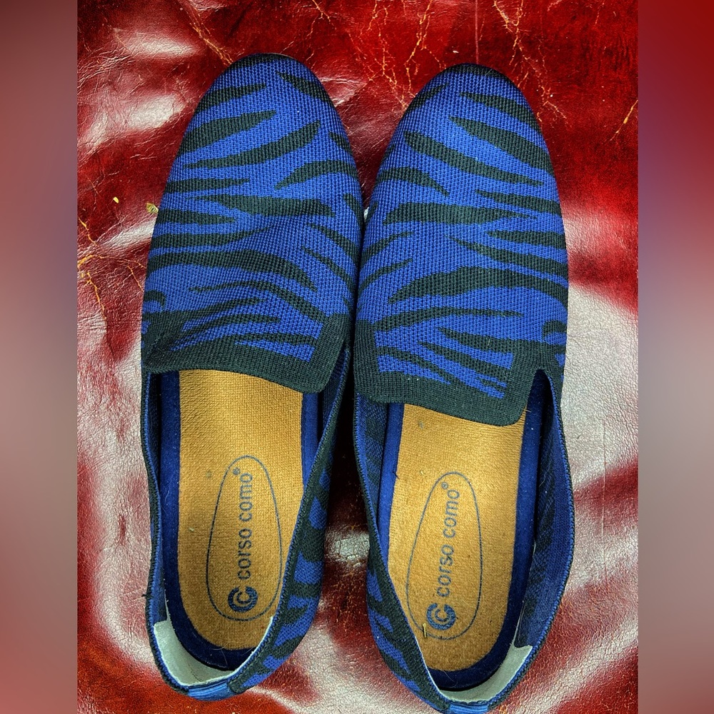Black & Blue Zebra Corso Como Fabric Flat Loafer Slides Size 9.5